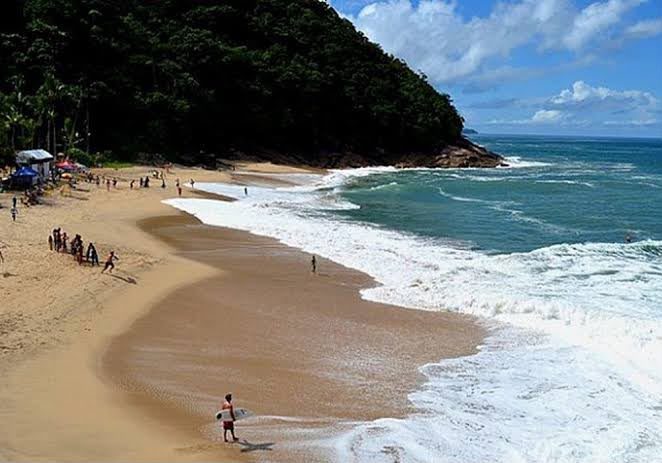 Praia da Sununga com morro coberto de mata e ondas fortes